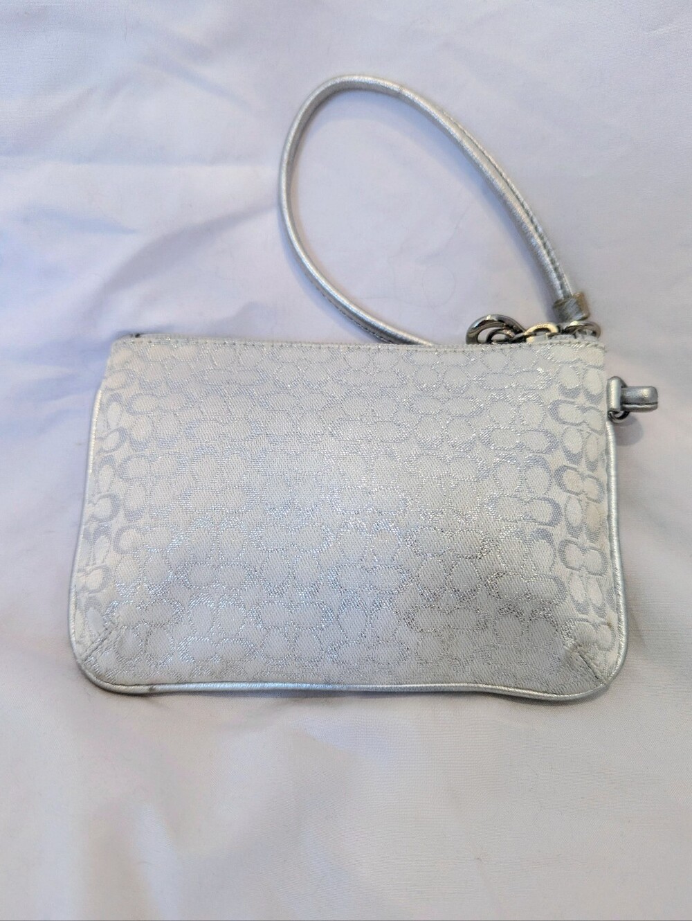Coach Silver Signature Jacquard Wristlet Metallic Leather Blue Interior
